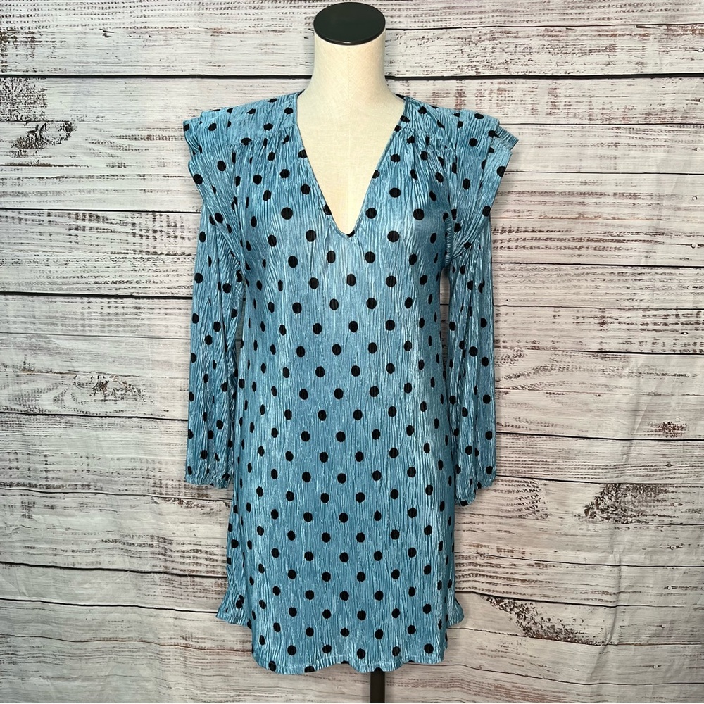 Zara Small Blue Polka Dot Mini Dress Big Shoulders Long Sleeve Plisse Derby